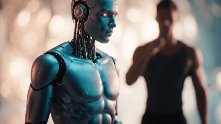 A futuristic cybernetic being stands in the foreground, showcasing advanced robotic features, while a human figure appears in the blurred background, contemplating its existence.