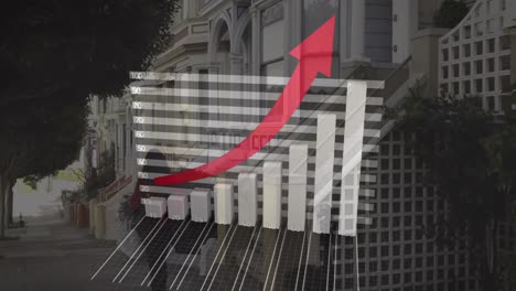 animation of financial data processing with red arrow over city