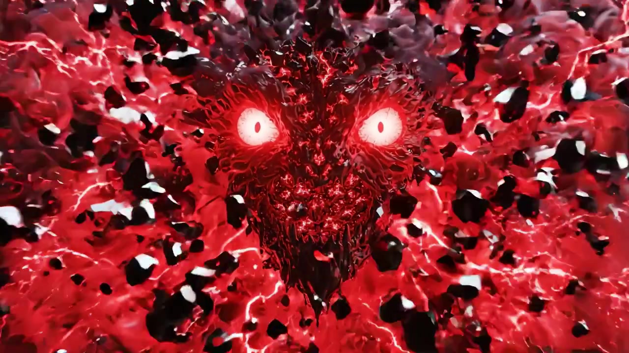 Un'entità oscura terrificante emerge: un incontro ravvicinato con una creatura infuocata e minacciosa illuminata da occhi rossi e circondata da vortici caotici di energia oscura.