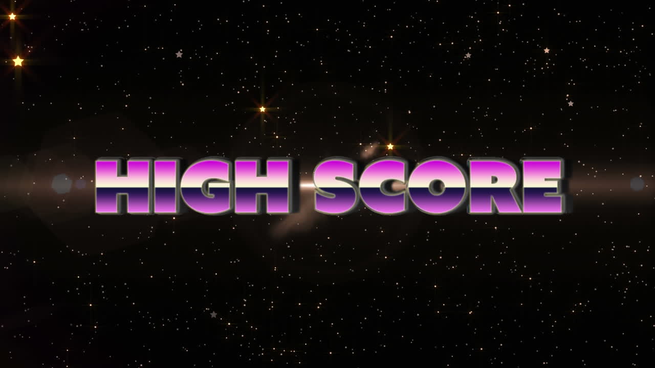 Animation of high score text in pink metallic letters over glowing yellow stars and spotlights