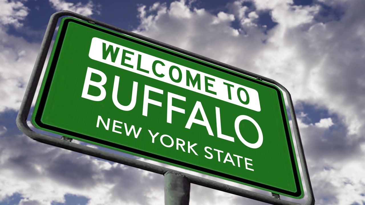 Benvenuti a Buffalo, Stato di New York. Primo piano di un cartello stradale di una città degli USA, animazione 3D realistica.