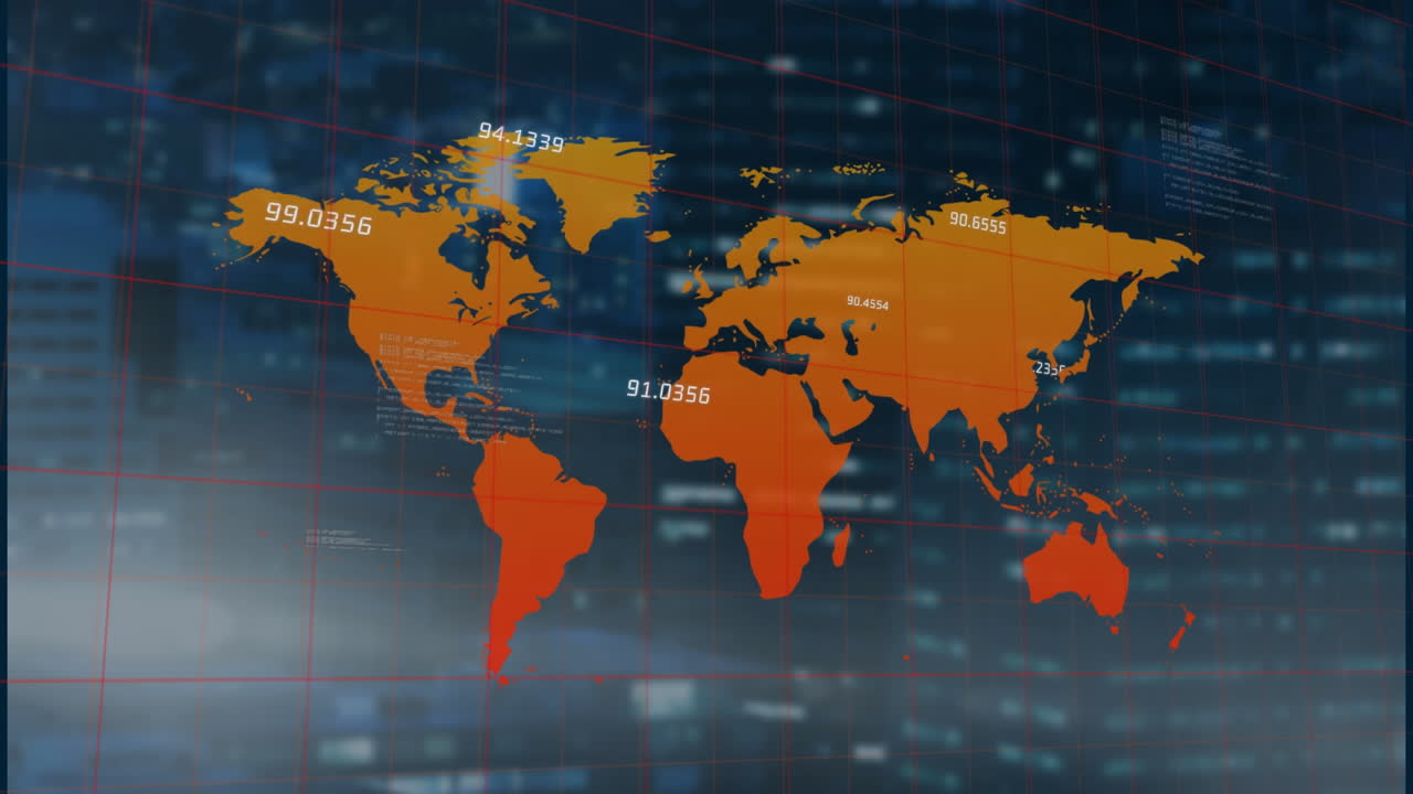 도시 풍경의 공중 전망에 대한 세계 지도에 대한 데이터 처리의 애니메이션