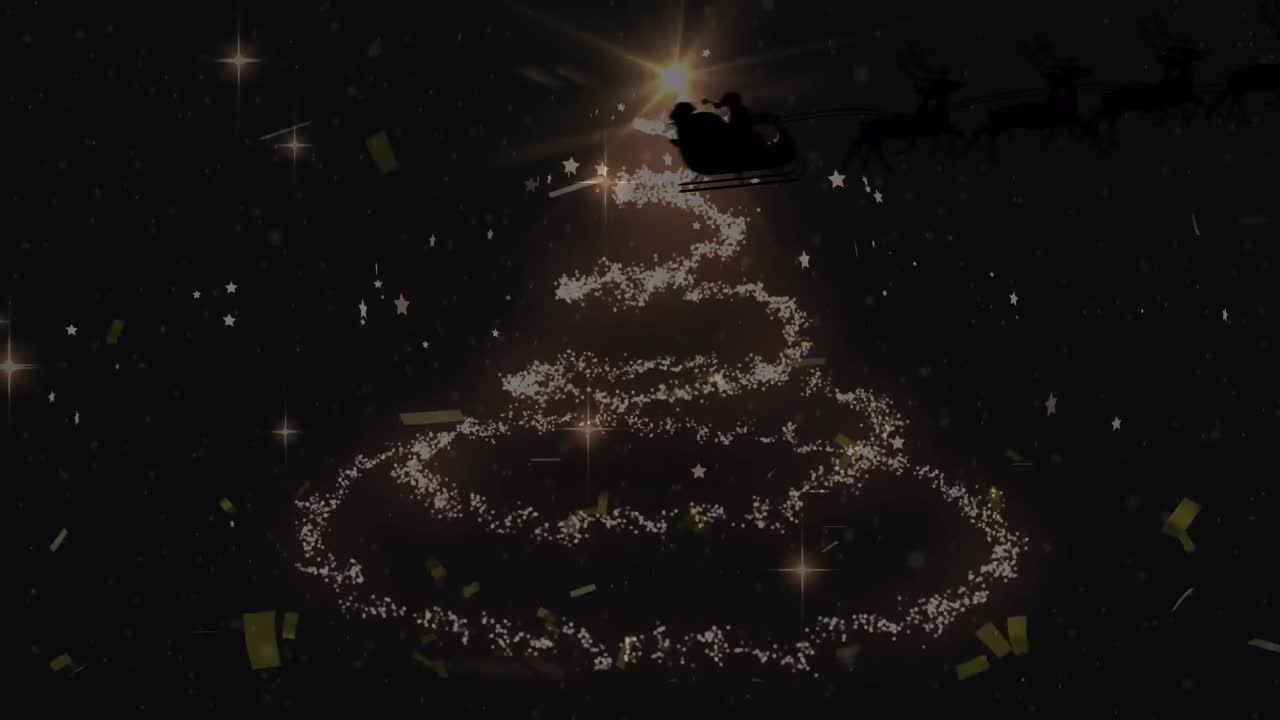 黒い背景に、サンタのソリ、降る雪、そしてクリスマスツリーのアニメーション。