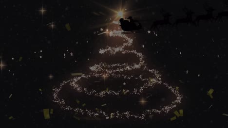 animation of santa sleigh, snow falling and christmas tree on black background