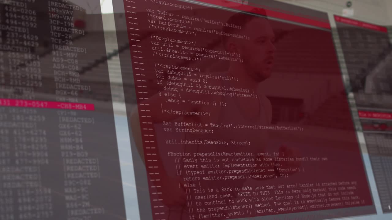 Man jogging synthetic track with red sports tech overlay sliding in displaying code for analysis