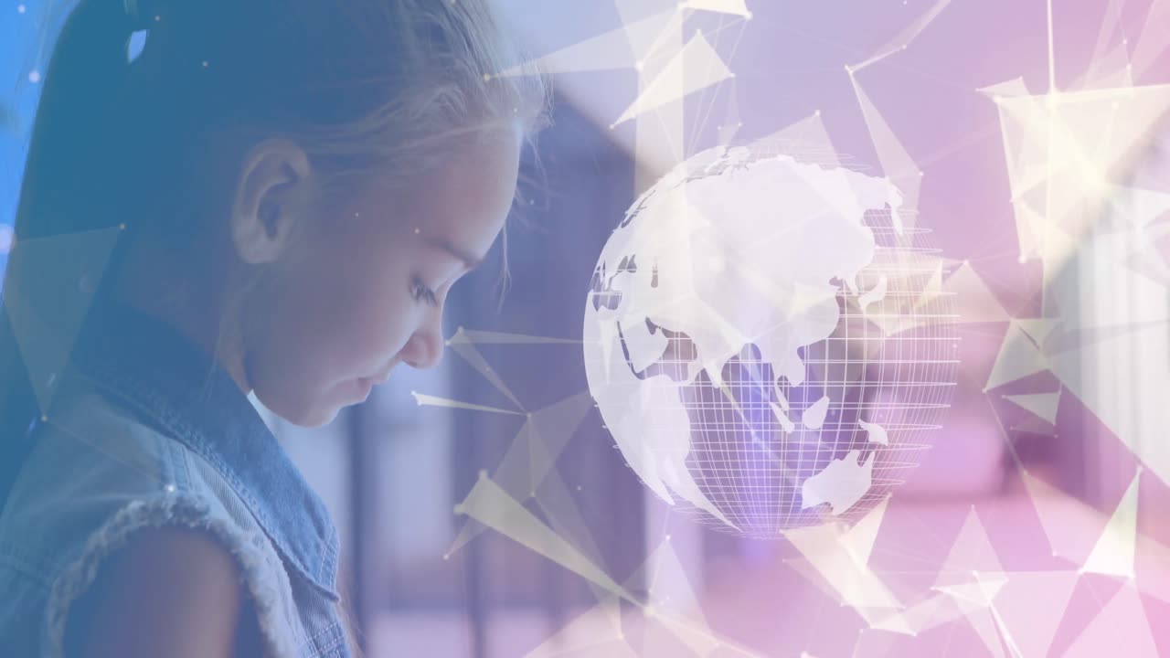 스마트폰을 사용하는 백인 소녀에 대한 회전하는 지구상의 연결 네트워크