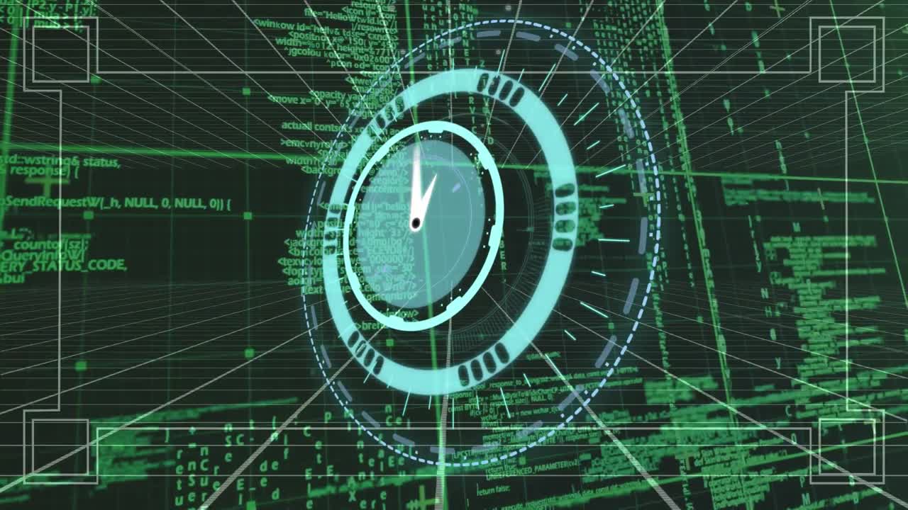 Animation of clock moving over data processing on black background