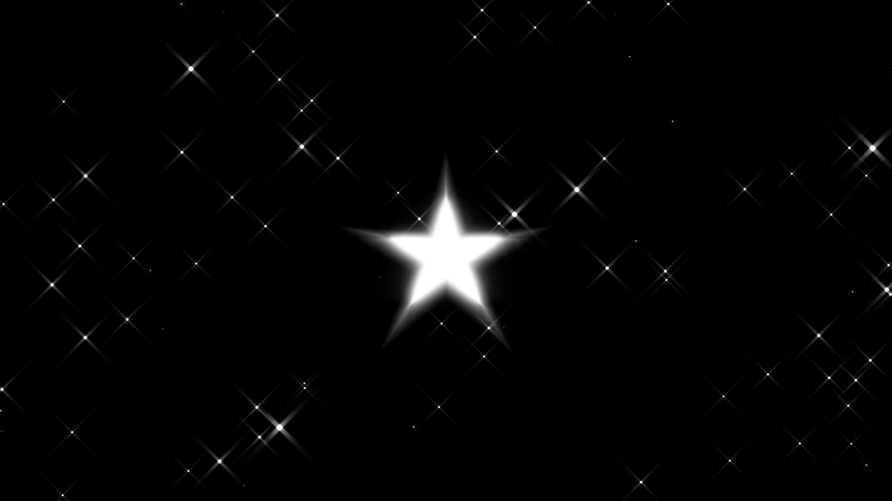 Stella luminosa animata con particelle scintillanti su sfondo nero.