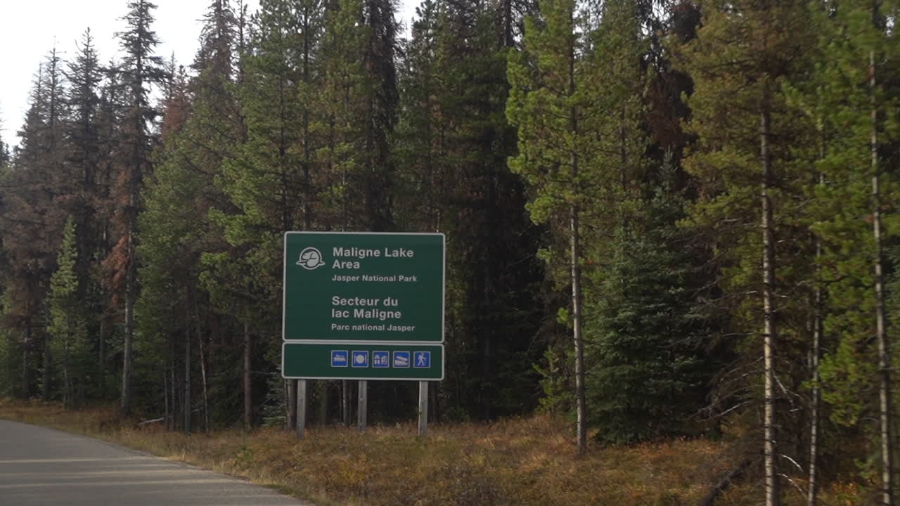 멀린 호수 지역, 재스퍼 국립 공원 도로 표지판, 캐나다, 운전자의 pov