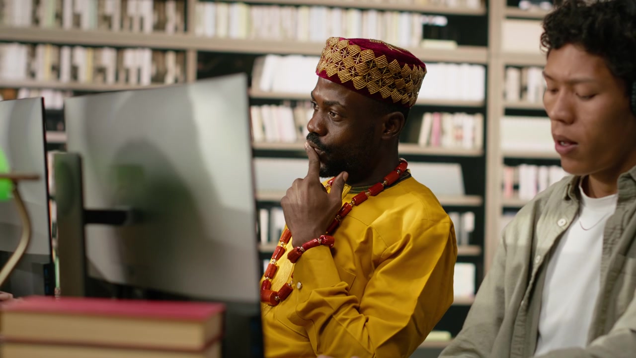 Adult student in traditional clothes work at desktop computer