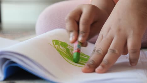 a child draws a green shape on a white paper