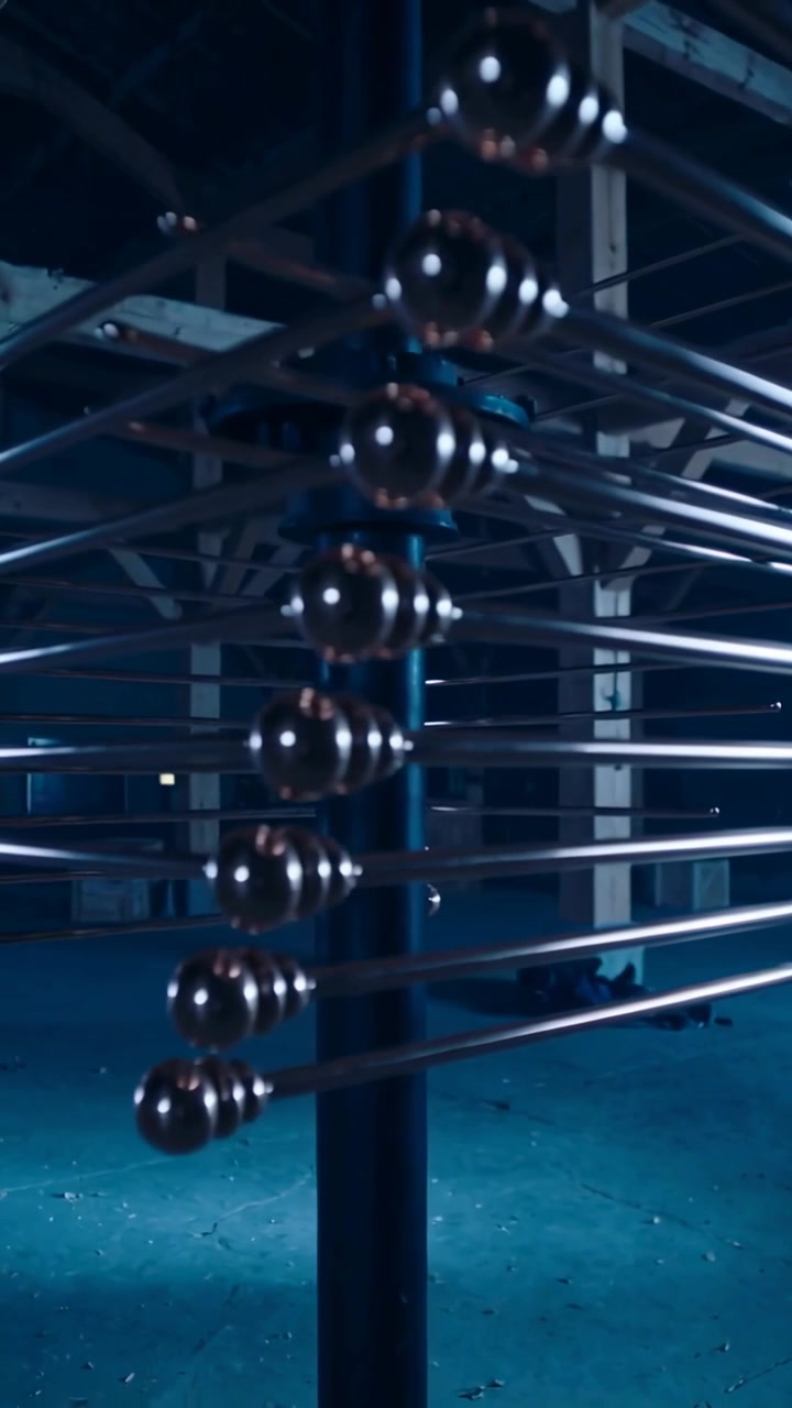 Vertical video: Camera moving revealing post with radial rods swaying with shiny spheres in factory