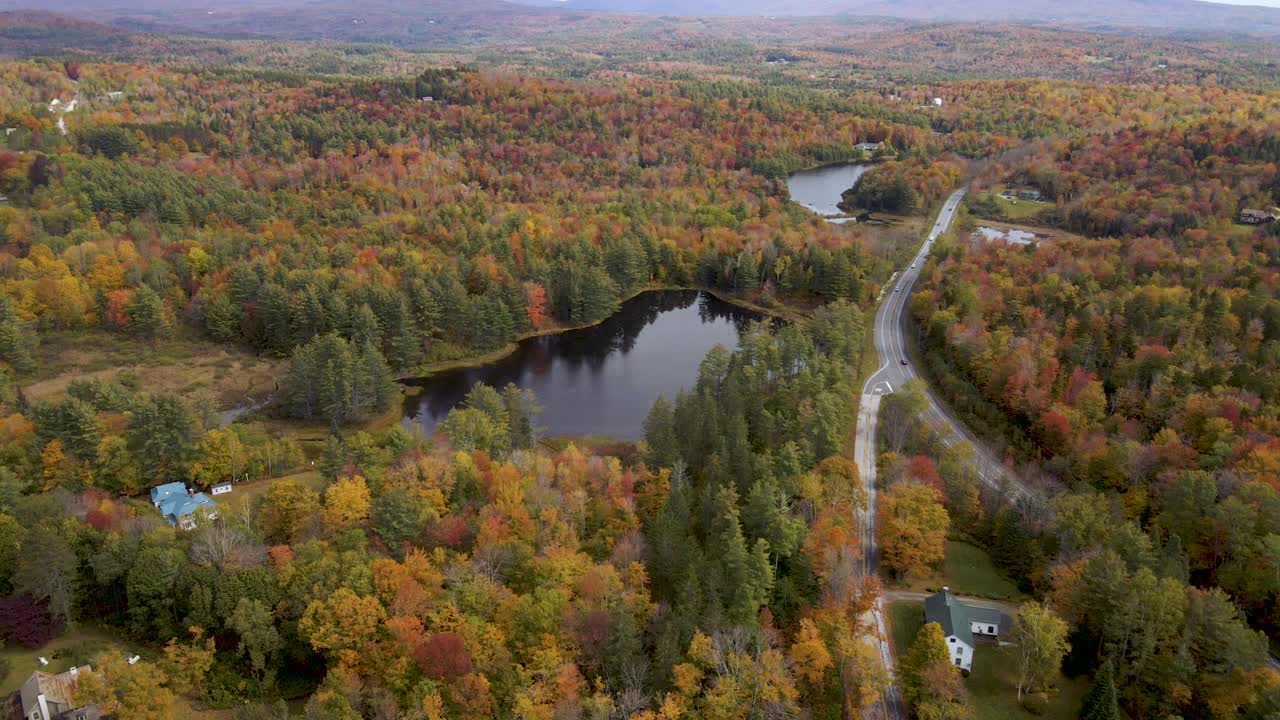 follaje otoñal de la región de nueva inglaterra de américa - antena que establece una vista estática de drones