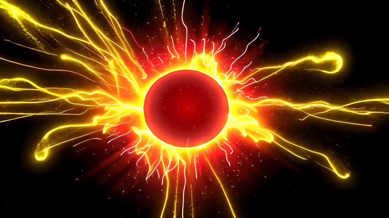 Emitting faint yellow glow, red disc sending lightning arcs for starburst effect across black void