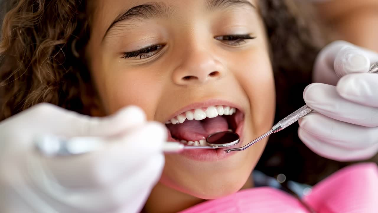 Primer plano en ángulo alto de un niño en el dentista, sonriendo durante una revisión.