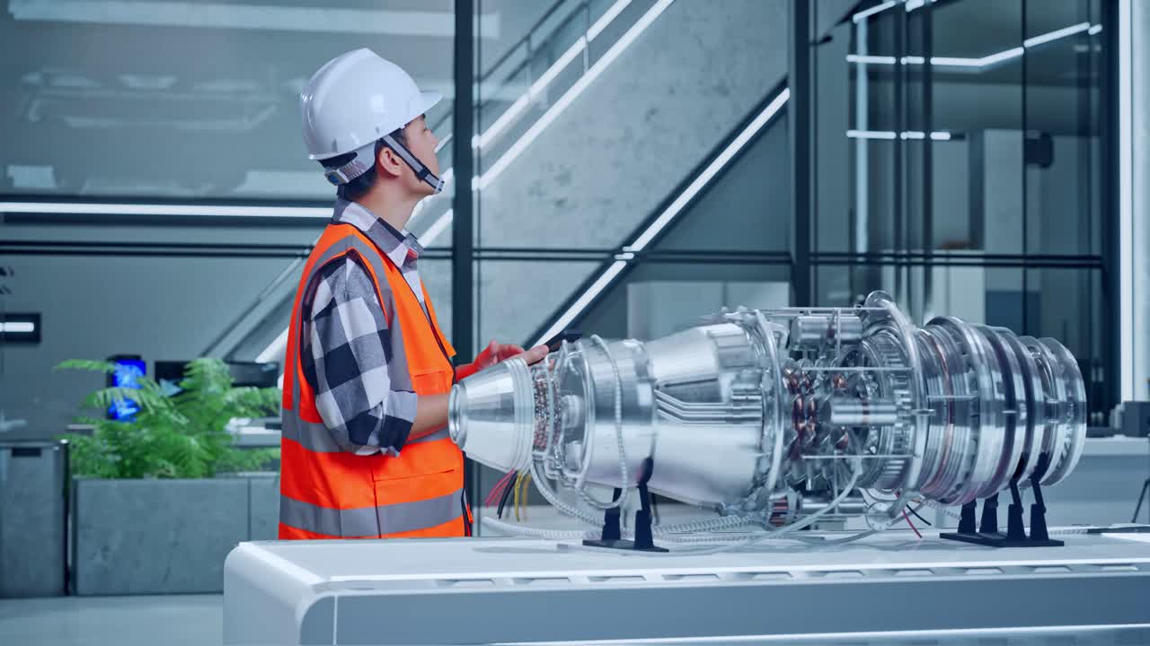 ingegnere che esamina un prototipo di motore a reazione