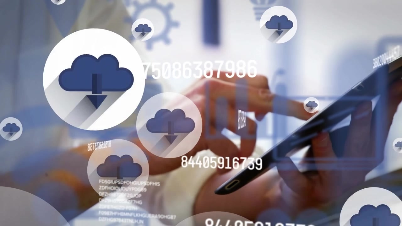 Animation of data processing and icons over caucasian businesswoman using tablet