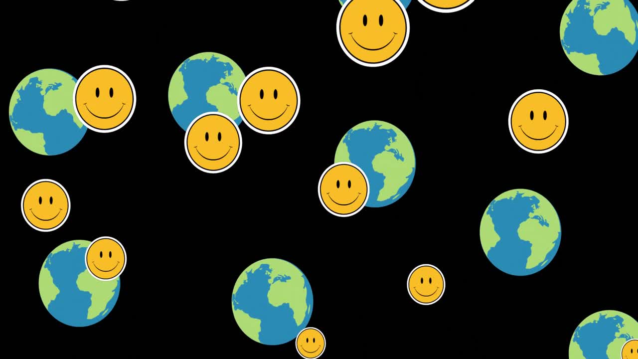 검은색 바탕에 있는 지구 위에 떠다니는 미소 짓는 이모티콘의 애니메이션