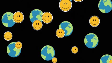 Animación-De-Emoticonos-Sonrientes-Flotando-Sobre-Globos-Terráqueos-Sobre-Fondo-Negro