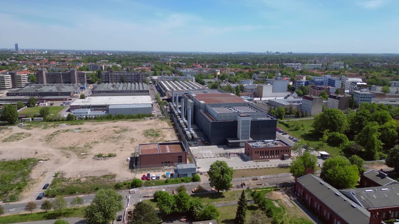 Big Data cloud storage, Industrial air con system cooling Ai farm in a large data center in berlin Europe. Lovely aerial view flight drone top down Above view