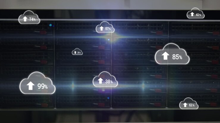 Animation of digital cloud icons with percent going up over computer servers