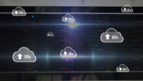 animation of digital cloud icons with percent going up over computer servers