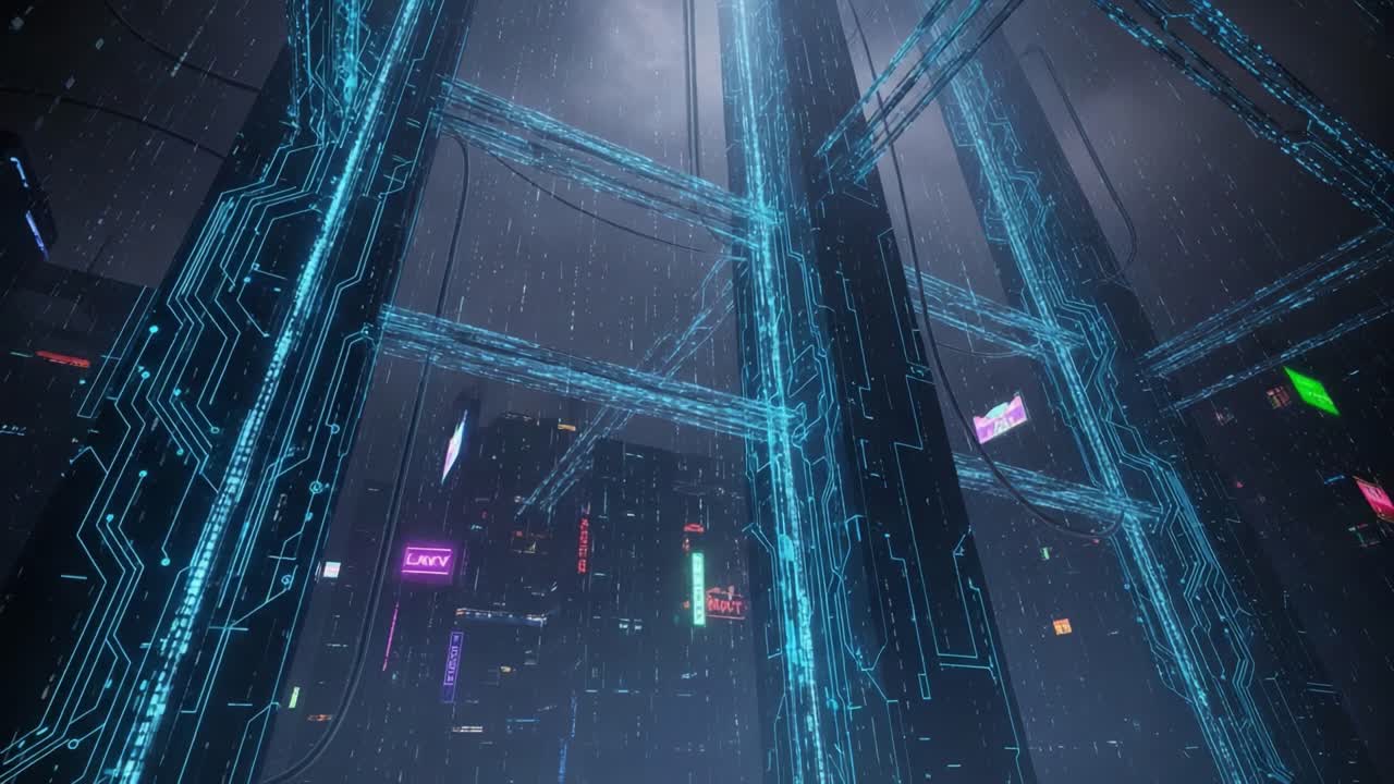 A Futuristic Cityscape with Digital Neon Light Projections Highlighting Abstract Structures in a Rainy Atmosphere, Presenting a Synergy Between Technology and Urban Life