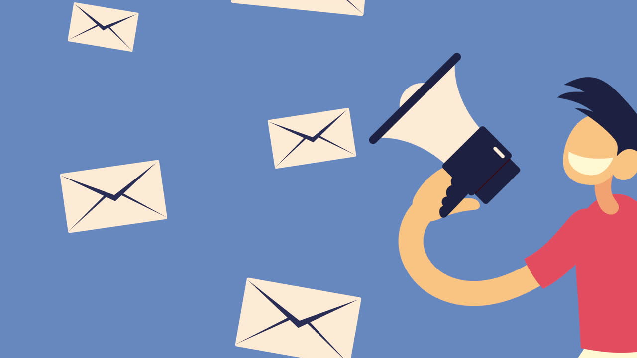 메가폰과 봉투를 가진 남자 소셜 미디어 애니메이션