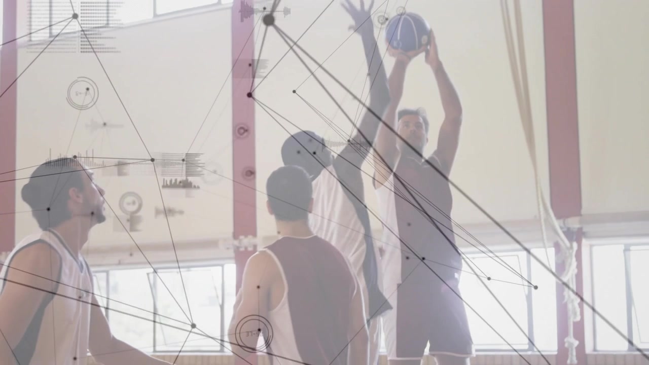 Four players moving under hoop on court, shooter lifting ball to score, sports HUD tracking arc