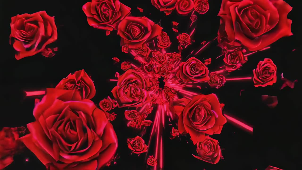 Vibrant red rose petals dynamically exploding from central point, creating elegant visual display against deep black background, symbolizing passion and romance