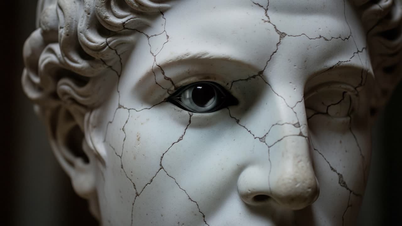 A Visually Striking Sculpture Featuring a Cracked Face and a Glowing Red Eye, Blending Classical Art with Futuristic Elements to Create a Unique Impression