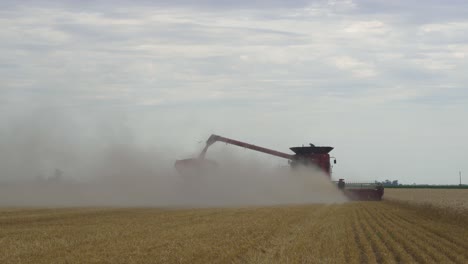 back view of a combine loading the grain onto a wagon while harvesting a wheat field