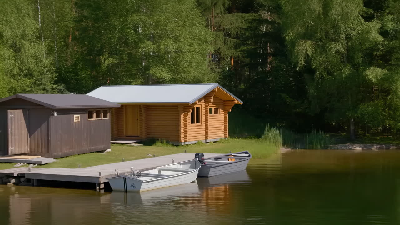 Capanna di legno e barche ormeggiate sulla riva di un lago calmo con sfondo boschivo