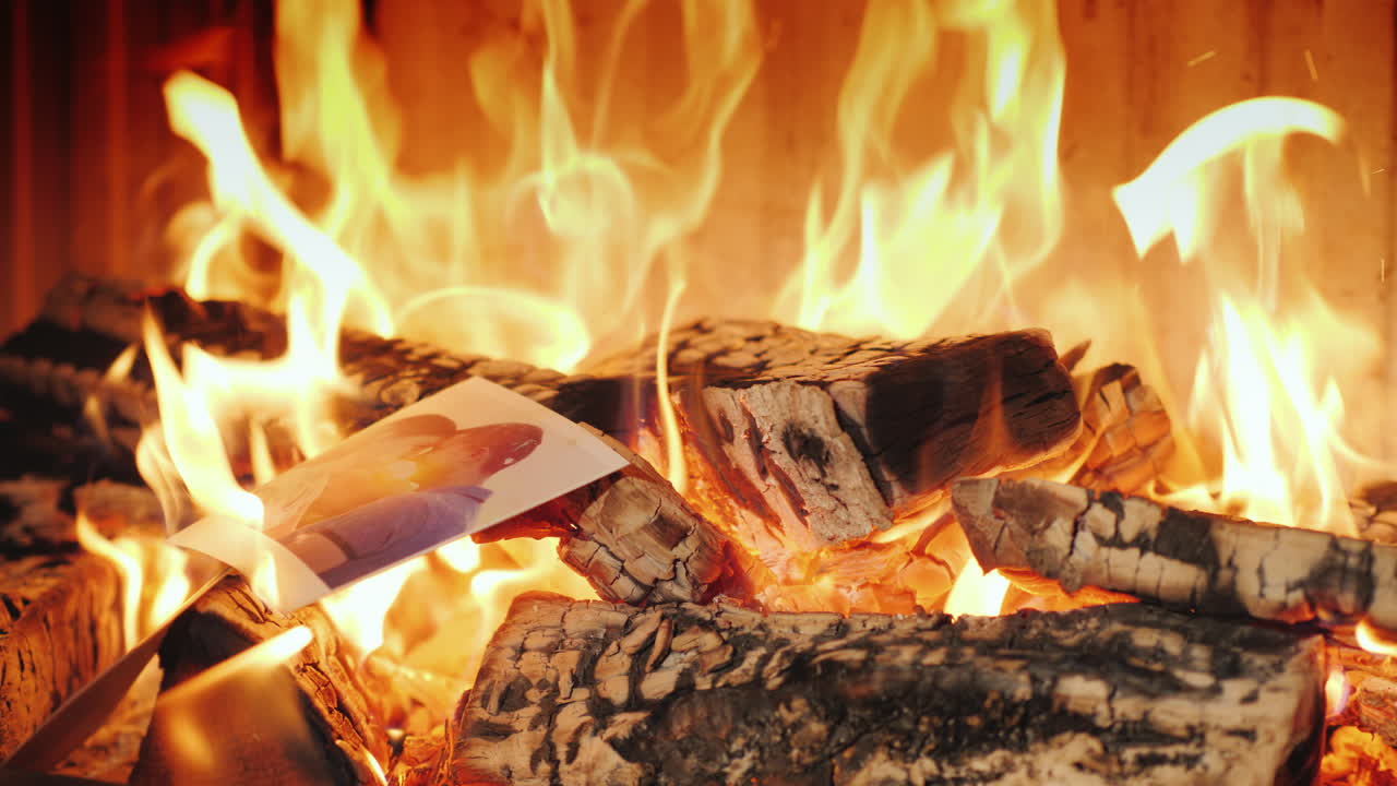 벽난로에서 젊은 부부의 가족 휴가 사진을 태웠다