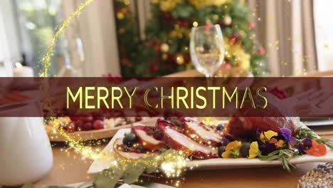 animación de texto de feliz navidad sobre la mesa para la cena de navidad en casa