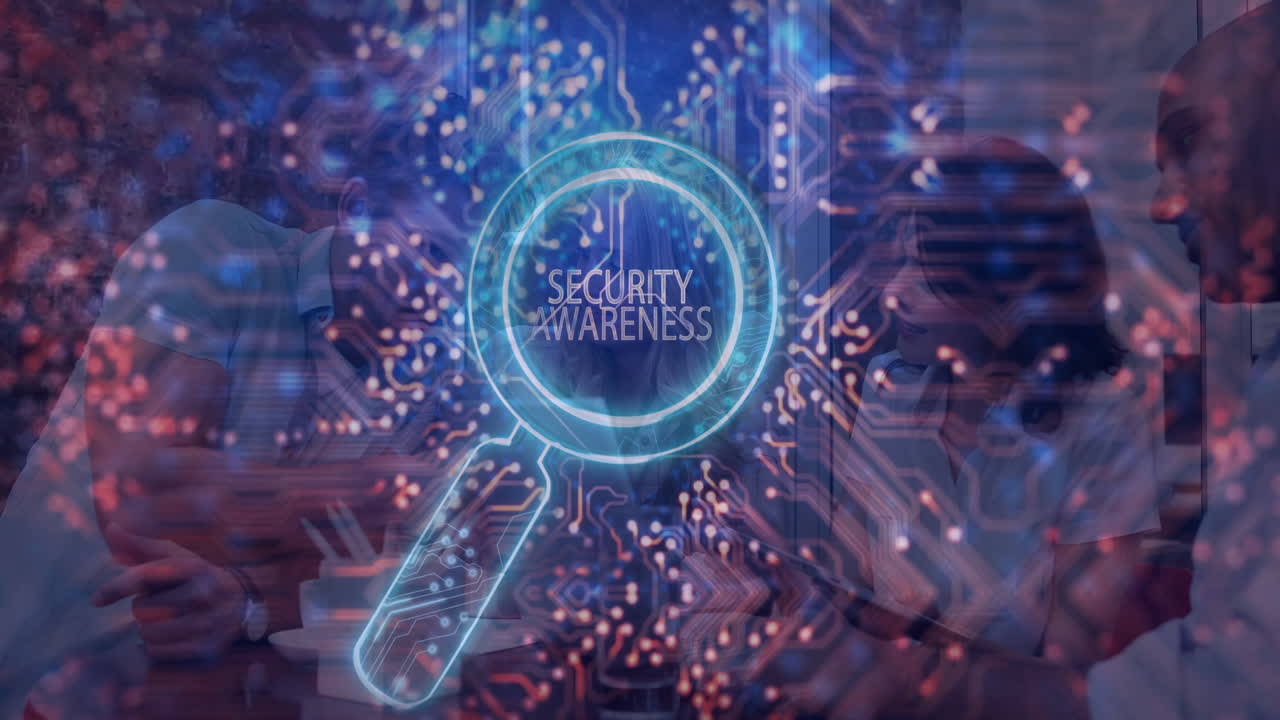 Magnifying glass highlighting security awareness over digital animation in school setting