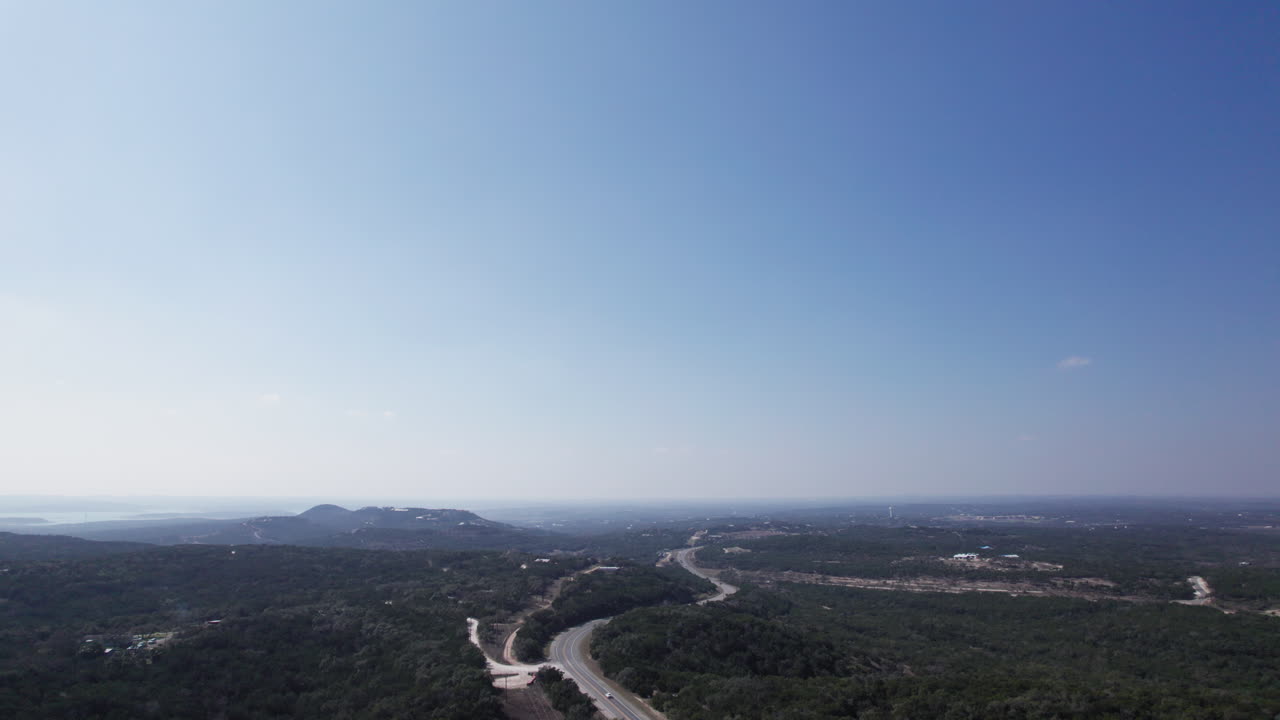 High angle aerial view of the Texas Hill Country and FM32 Road, near Canyon Lake, Tx