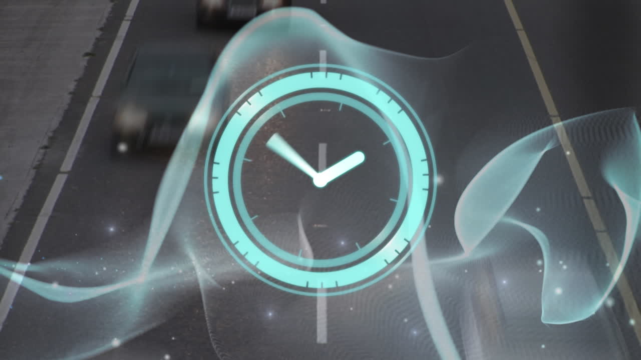 빠르게 움직이는 도로 교통 위에서 빠르게 움직이는 시계의 애니메이션