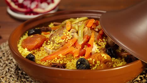 moroccan cuisine. tajine, traditional dish made of lamb and eggplant. middle eastern culture. couscous with mutton close-up, delicious rice. homemade food.