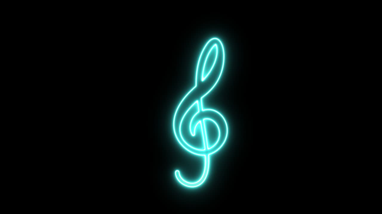 Glødende farverig neonlinje diskantnøgle-ikon isoleret på sort. Animeret diskantnøgle-tegn med blinkende neonlys til festivalbanner, melodioptagelse, designbaggrundslag. 4k video bevægelsesgrafik.
