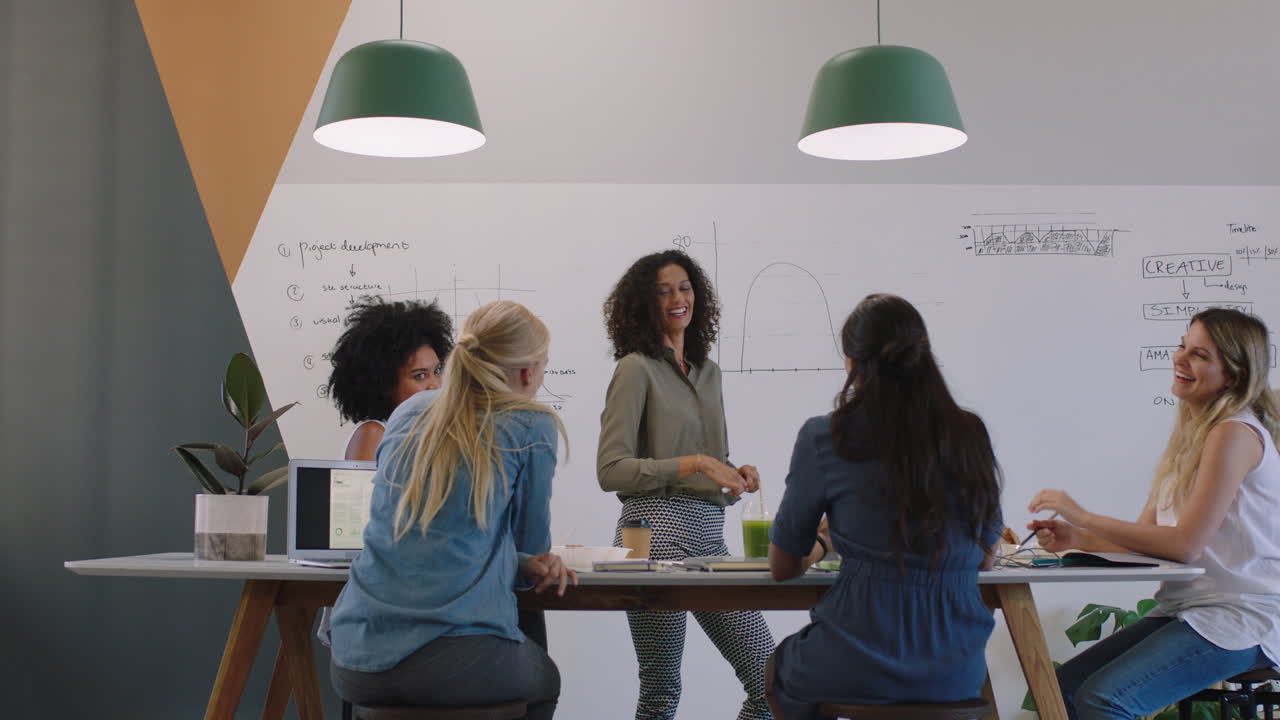 다민족 사업가 여성들이 회의실에서 모여 브레인스토밍 팀 매니저가 사무실에서 금융 그래프 데이터를 사용하여 프로젝트에 대한 창의적인 아이디어를 제시합니다.