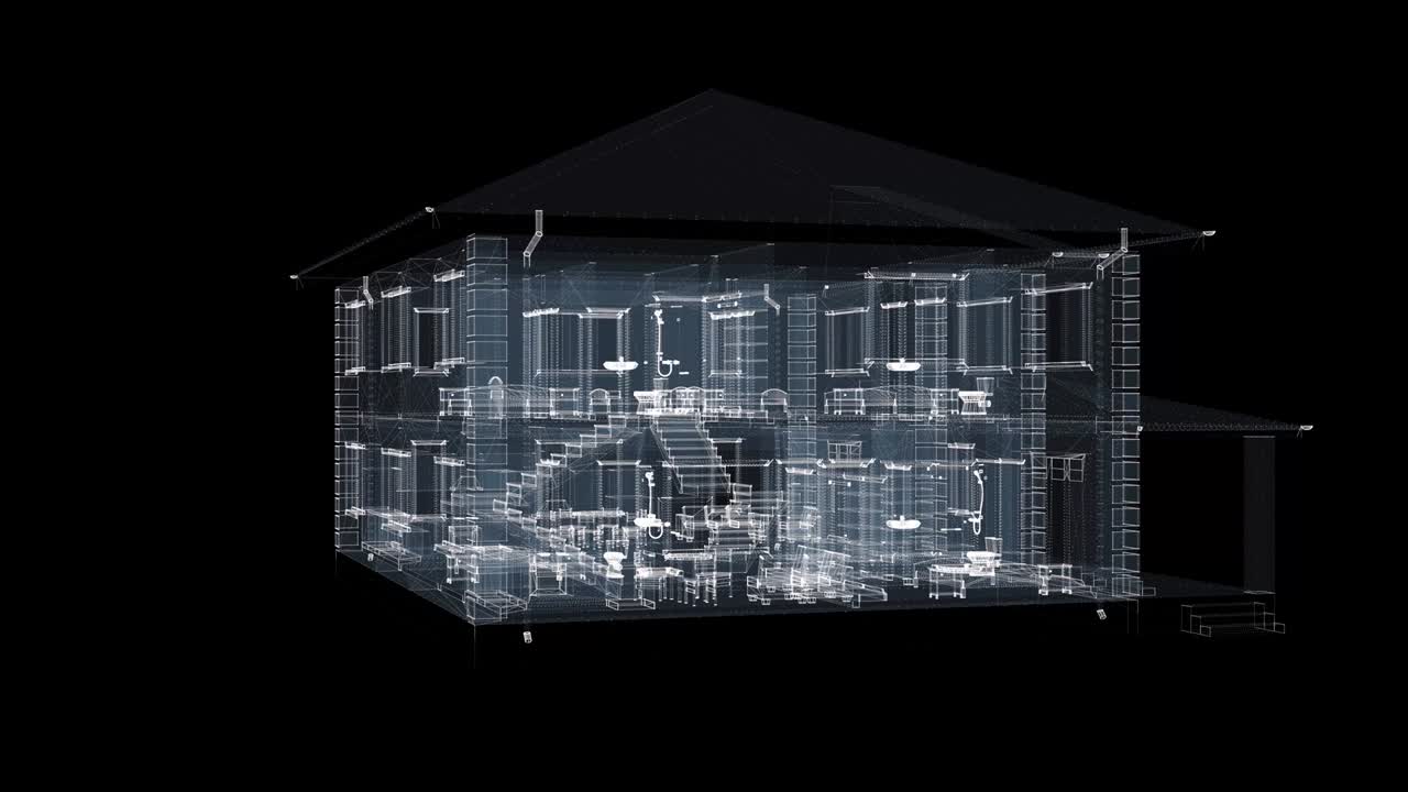 3D Digital house of particles. 4k seamless loop