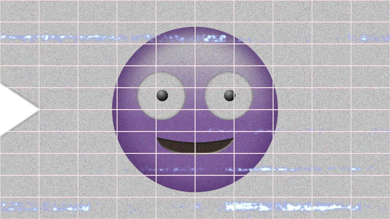 Arrow moving side wards over grid network against purple silly face emoji on grey background