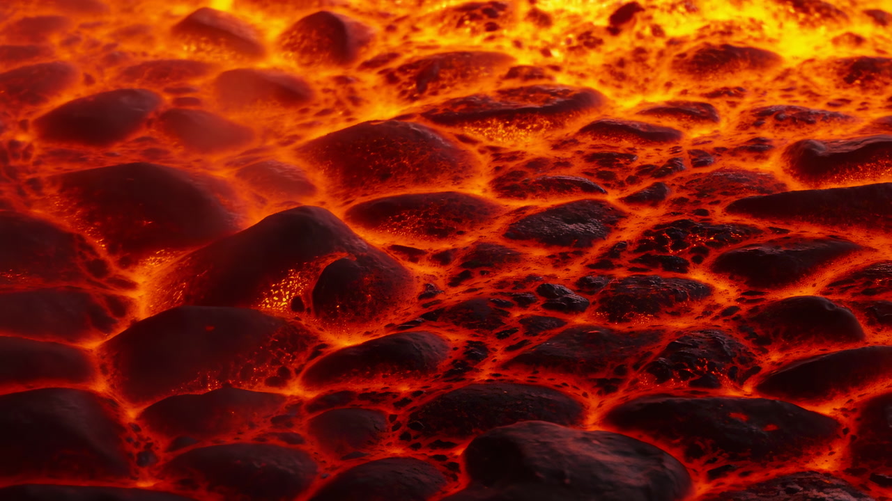 Boiling Molten Lava Surface With Bubbles And Glowing Crust, Macro Perspective Reveals Basalt Folds And Cooling