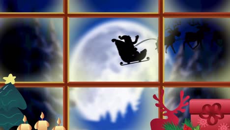 Animation-of-santa-claus-in-sleigh-with-reindeer-seen-through-window-and-christmas-decorations