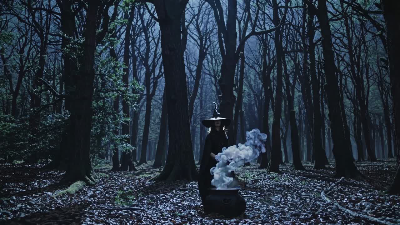 A mysterious video scene shot at eye level, featuring a witch in a moonlit forest
