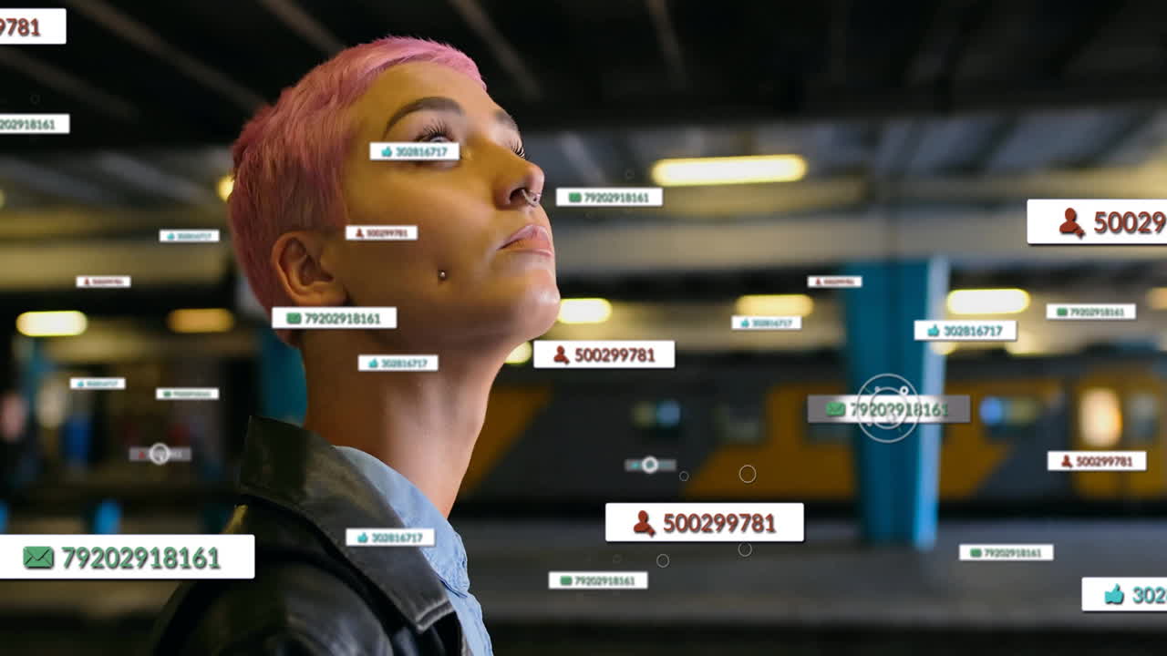 Animation of person with pink hair surrounded by digital notifications in city