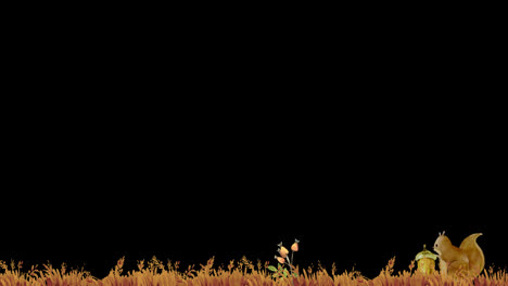 Herbstfarbener-Thanksgiving-Hintergrund-Mit-Eichhörnchen-Und-Gras,-Blätter-Mit-Alphakanal,-Transparenter-Hintergrund.