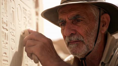 archeologist examining ancient hieroglyphs