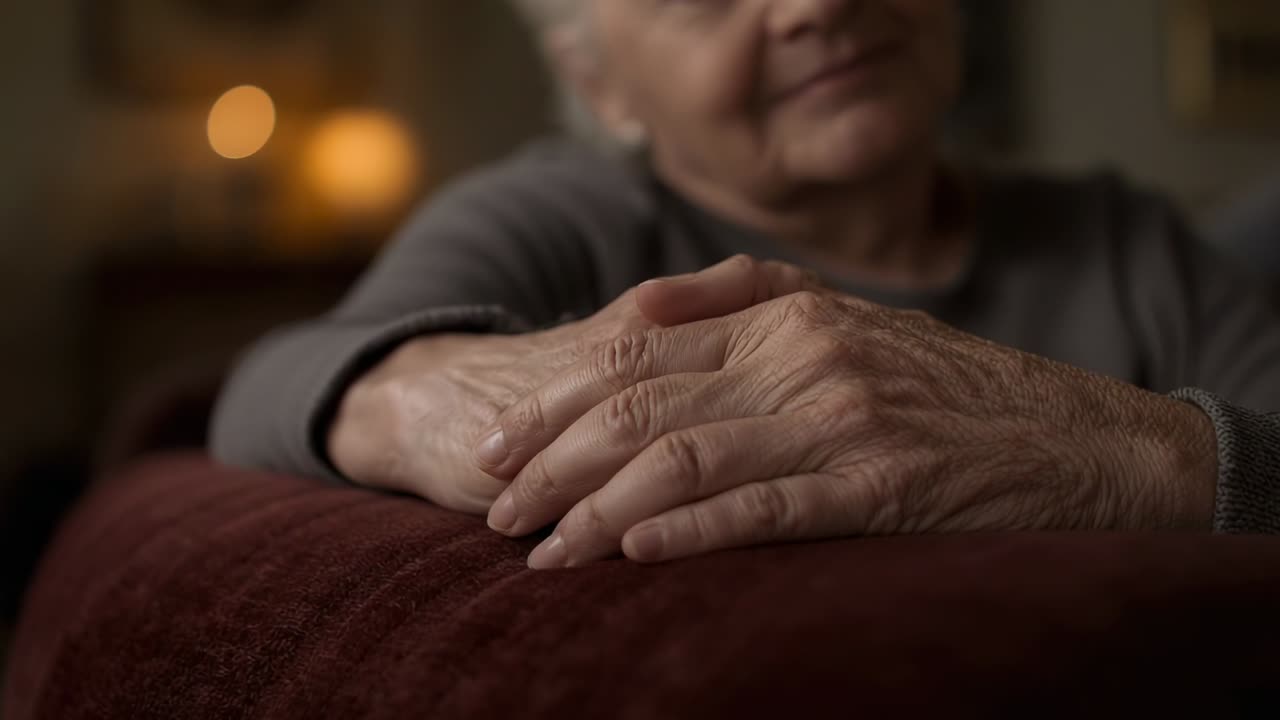 Anziana signora che si accomoda e appoggia le mani giunte sul bracciolo rosso del divano in soggiorno, con un caldo bokeh della lampada.